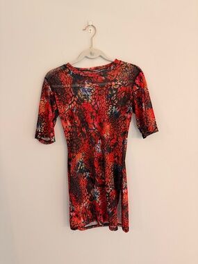 Red Multi-Print Short Sleeve Mini Dress